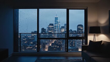 City Lights Through Window on Rainy Night - Serene Urban View.