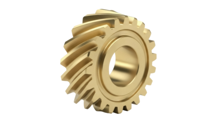 Golden helical gear PNG isolated on transparent background, cogwheel component for mechanical engineering and industrial design