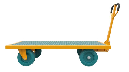 Yellow platform truck PNG isolated on transparent background, heavy duty cart for warehouse, factory, and industrial material handling © Sean