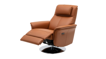 Comfortable brown leather recliner chair isolated PNG, modern swivel armchair with adjustable headrest and footrest for relaxation and home furniture