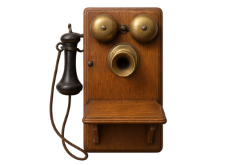 Antique wall telephone with transparent background and vintage charm.