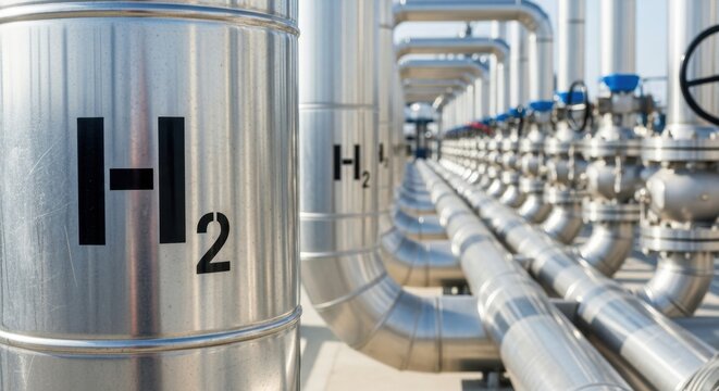 Rows of silver metallic pipes displaying H2 chemical symbol transport Hydrogen fuel. Valves control flow across industrial fuel production facility under a sunny day