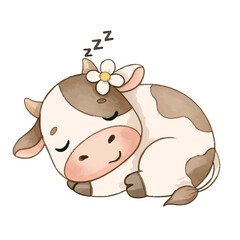 Funny cartoon cow on farm with happy smile and cute animals around