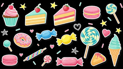 Desserts and Sweets Halftone Collage Cutout Sticker Set with Retro Mixed Media Vector Style on Black Background