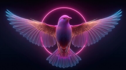 Neon bird flying out of neon circle glowing with bright electric edges, dynamic digital wildlife design with glowing motion and geometric accents