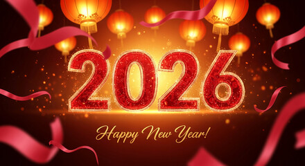 Sparkling red number 2026 with lanterns and ribbon, symbolizing New Year celebration and festive mood, perfect for holiday greetings and banner