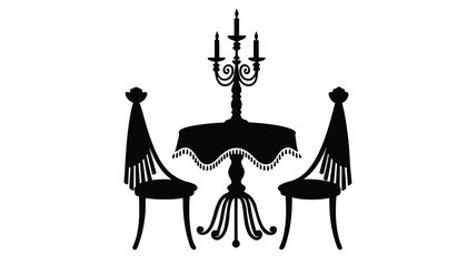 A silhouette of a dining table with two chairs and a candelabra.
