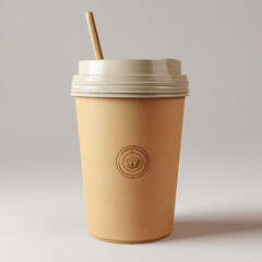 Kraft Coffee Cup with Wooden Straw and Logo on Neutral Background
