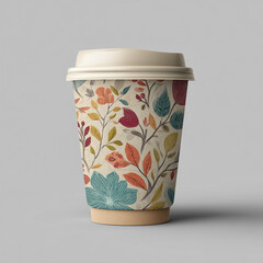 Floral Pattern Coffee Cup Mockup on Gray Background