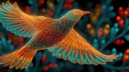 Neon bird flying towards neon sun glowing with intense electric light, dynamic digital wildlife design with bright glowing celestial accents