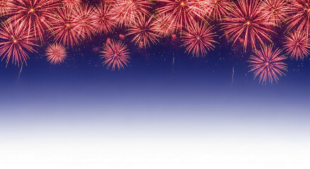 Array of red fireworks bursts against a gradient dark blue to white background, signifying celebration, festive event, or joyous occasion, free space
