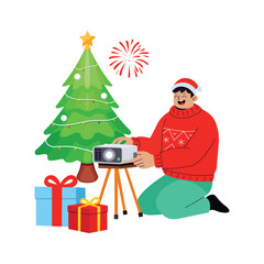 Creative illustration of a man taking photos taking christmas holiday photos
