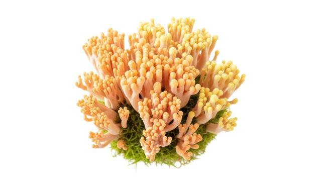 Bright orange coral fungus isolated PNG on transparent background, ramaria botrytis mushroom for nature and science projects