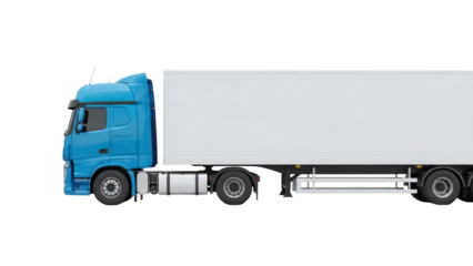 Blue semi-truck with trailer PNG isolated on transparent background, commercial vehicle for freight transport and logistics