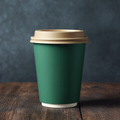 Green Coffee Cup Mockup on Wooden Table with Dark Background