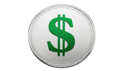 Green dollar sign on silver coin isolated PNG, currency symbol for finance and investment on transparent background, money icon