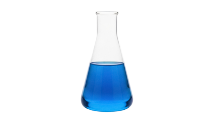 Erlenmeyer flask with blue liquid isolated PNG, laboratory glassware for scientific experiments and chemical research on transparent