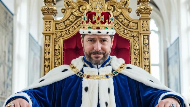 Caucasian man in king robes on royal throne changes expression from serious to smiling, illustrating power and reign concept