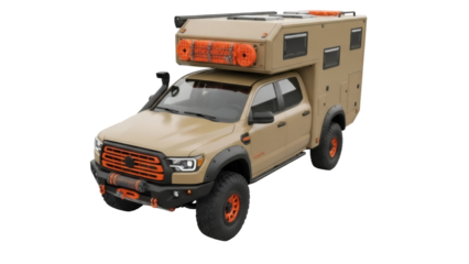 Tan pickup truck with camper isolated PNG, off-road vehicle with orange accents for adventure travel and camping on transparent background