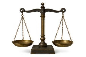 Antique balance scale with transparent background, justice and fairness.