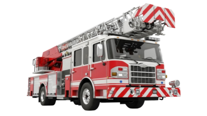 Red and white fire truck with ladder isolated PNG, emergency vehicle for firefighting and rescue operations on transparent background