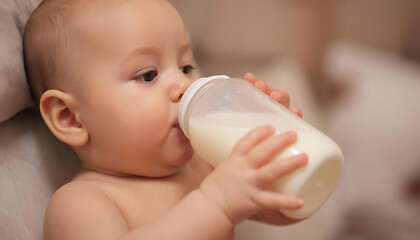 Baby Drinking Milk Bottle. Infant with Feeding Bottle. Baby Feeding Time.