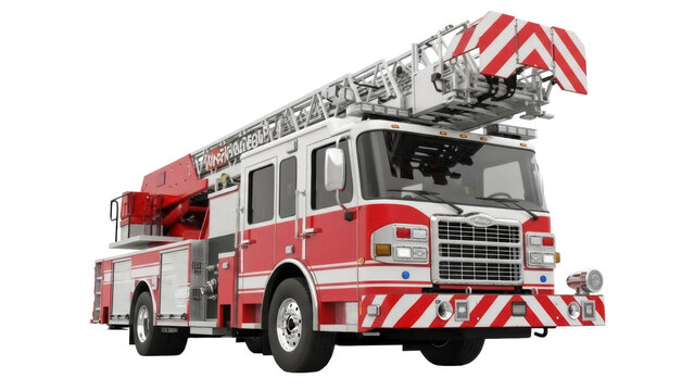 Red and white fire truck with ladder isolated PNG, emergency vehicle for firefighting and rescue operations on transparent background