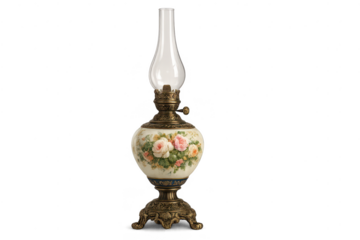 Vintage Oil Lamp with Roses and a transparent background display item.