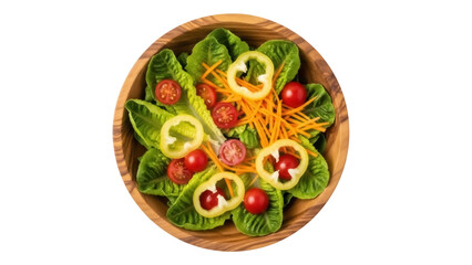 Fresh salad with lettuce, tomatoes, carrots, and bell peppers in a wooden bowl isolated PNG, healthy eating and vegetarian diet concept