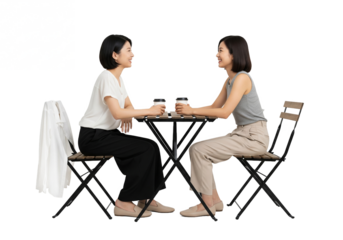 Two women having coffee in casual conversation at small outdoor table in soft natural lighting for social media isolated on white background