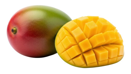 Ripe mango fruit isolated PNG, whole and cut, tropical fruit with yellow flesh on transparent background, healthy eating and exotic food