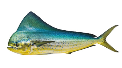 Colorful mahi-mahi fish PNG isolated on transparent background, dolphinfish with vibrant blue and yellow colors for marine life designs