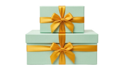 Two stacked light green gift boxes with gold ribbons isolated PNG, presents for birthdays and special occasions on transparent background