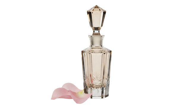 Elegant crystal perfume bottle with stopper isolated PNG, vintage fragrance container on transparent background for beauty and fashion design