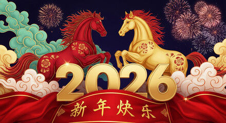 Festive image with two horses, year 2026, fireworks, and auspicious clouds, representing Chinese New Year celebration and good fortune for the future
