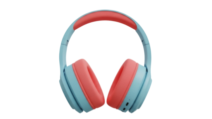 Stylish light blue and coral headphones isolated PNG, modern audio equipment for music listening and entertainment on transparent background