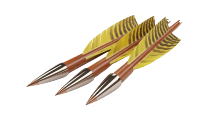 Three archery arrows PNG isolated on transparent background, traditional hunting equipment for sport and recreation