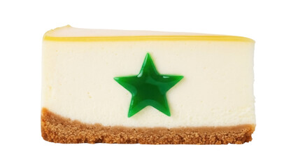 Delicious cheesecake slice with green star isolated PNG, creamy dessert with graham cracker crust on transparent background