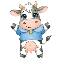 Funny happy cartoon cow on a farm with other cute animals