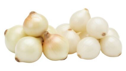 Pile of fresh pearl onions PNG isolated on transparent background, small white onions for cooking and culinary use