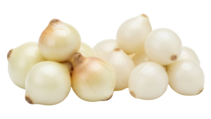 Pile of fresh pearl onions PNG isolated on transparent background, small white onions for cooking and culinary use