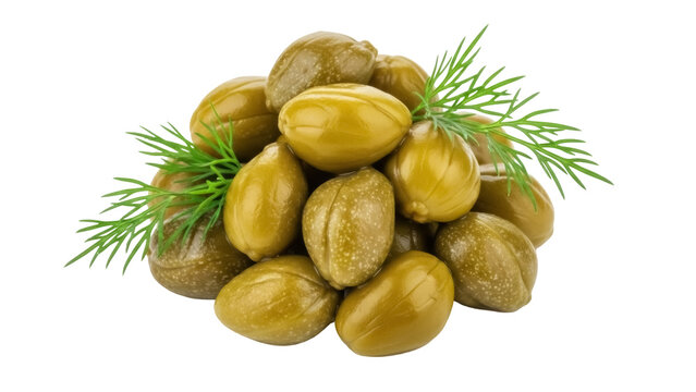 Pile of green caper berries with dill PNG isolated on transparent background, pickled flower buds for Mediterranean cuisine