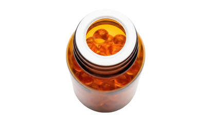 Amber bottle with fish oil capsules isolated PNG, dietary supplement for health and wellness on transparent background