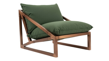Modern green armchair with copper frame isolated PNG, stylish lounge chair with cushions for living room or relaxation area