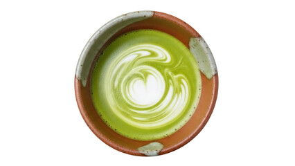 Matcha latte art in ceramic bowl isolated PNG, green tea latte with heart design on transparent background, healthy drink