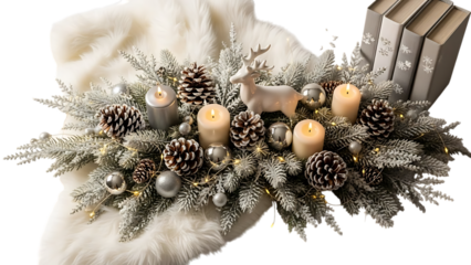 Christmas centerpiece with lit candles pinecones and reindeer