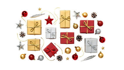 Christmas gifts and ornaments scattered on black background