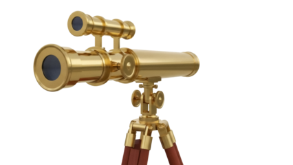 Antique brass telescope isolated on transparent background PNG, vintage spyglass for nautical decoration and exploration themes