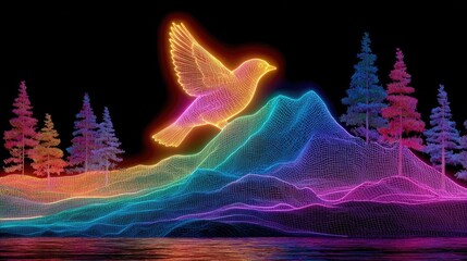 Neon bird on neon mountain silhouette glowing with bright electric outlines, digital wildlife and landscape art with glowing neon natural shapes