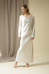 Fashion Studio Portrait of Woman in Elegant White Dress, Luxury Wedding Guest Collection